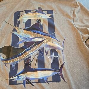 Guy Harvey Mens Gray Performance Fishing Hoodie Billfish Graphic Shirt Size M